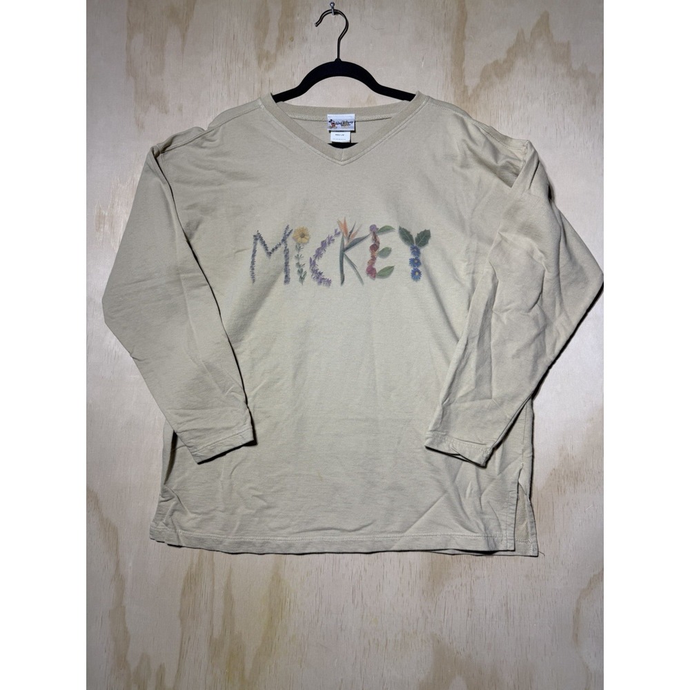 Vintage Walt Disney World Mickey Floral Spellout Beige V Neck Shirt Medium